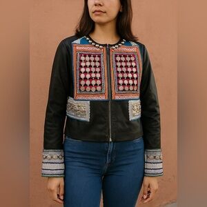 teté by Odette Embellished Leather Jacket Vintage Hmong Tribal OOAK Boho